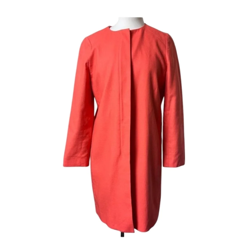 J. Crew Hidden Front Zip Long Collarless Orange Apricot Cotton Coat Jacket Sz 6
